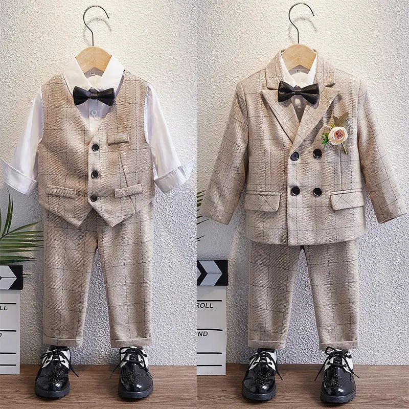 Blue Embroidered Boys Suit with Bow & Scarf