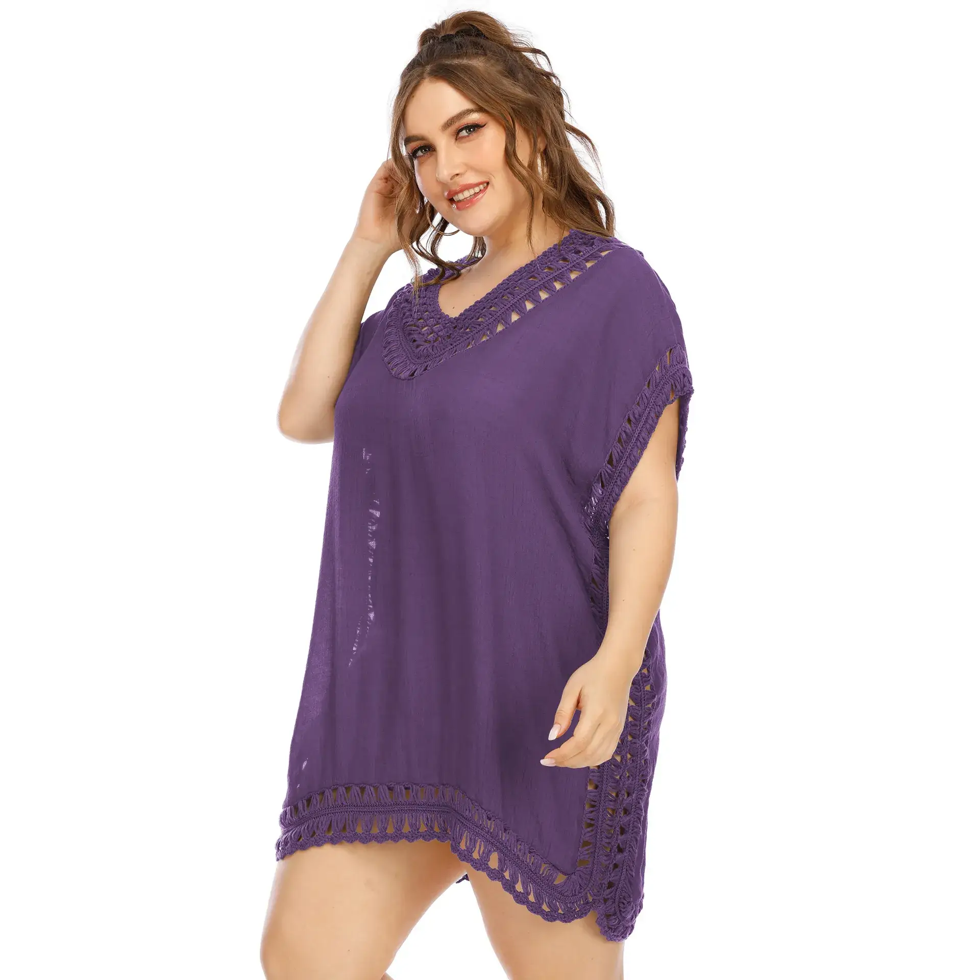 Plus Size Purple V Neck Beach Dress Hand Stitched - Image 4