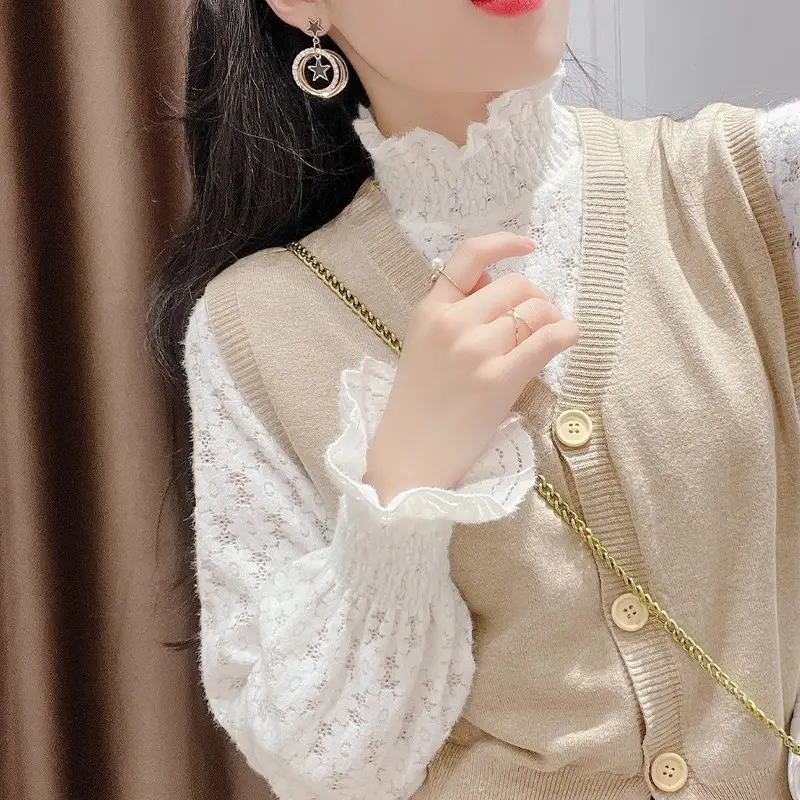 Women's Cream Lace Fleece High Collar Shirt 2021 - Image 5