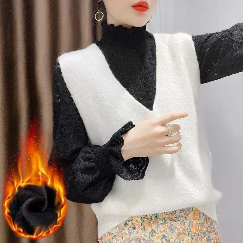 Women's Cream Lace Fleece High Collar Shirt 2021 - Image 7