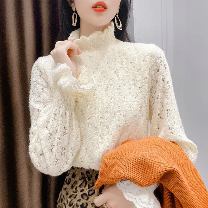 Women's Cream Lace Fleece High Collar Shirt 2021 - Image 8