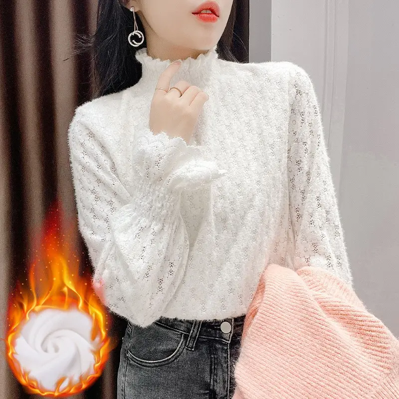 Women's Cream Lace Fleece High Collar Shirt 2021 - Image 2