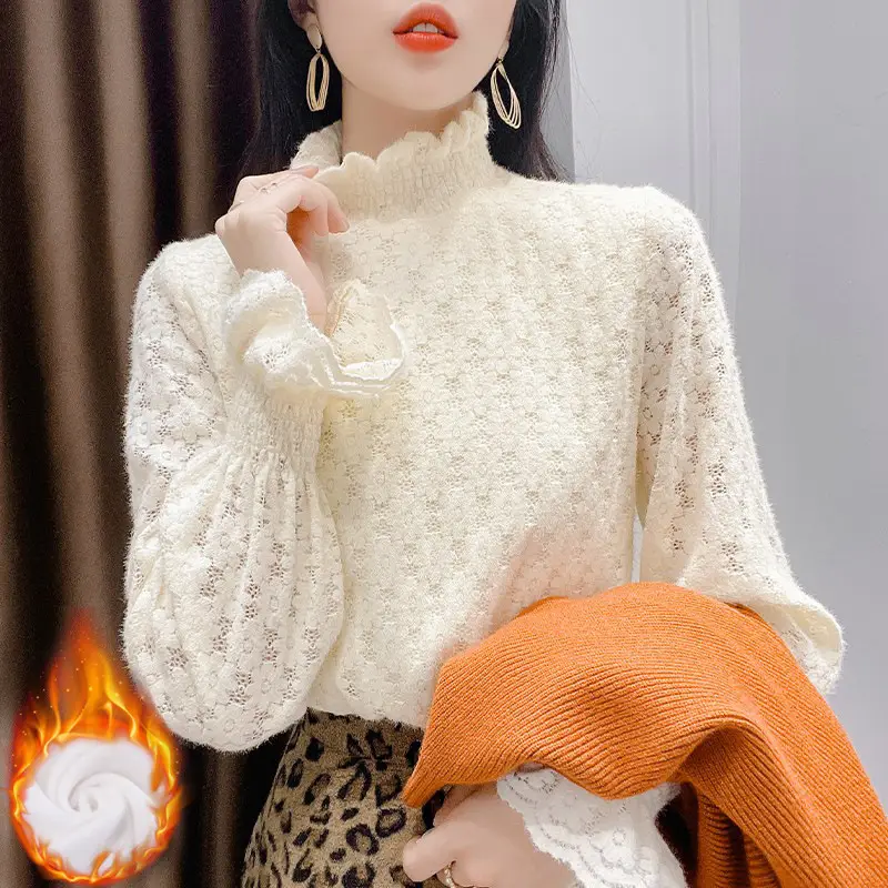 Women's Cream Lace Fleece High Collar Shirt 2021 - Image 3