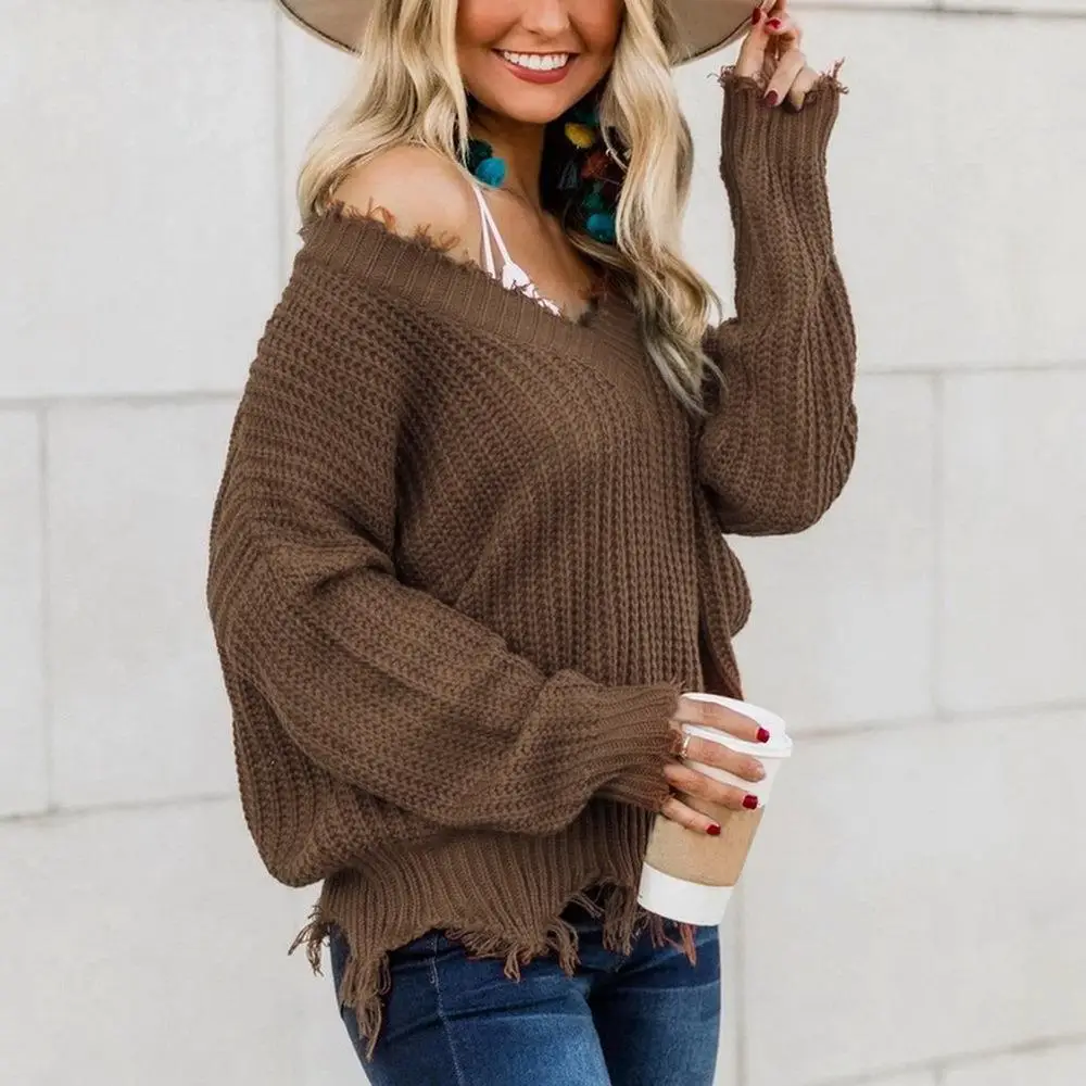 Women Thick Knitted Sweater with Tassels Olive Green