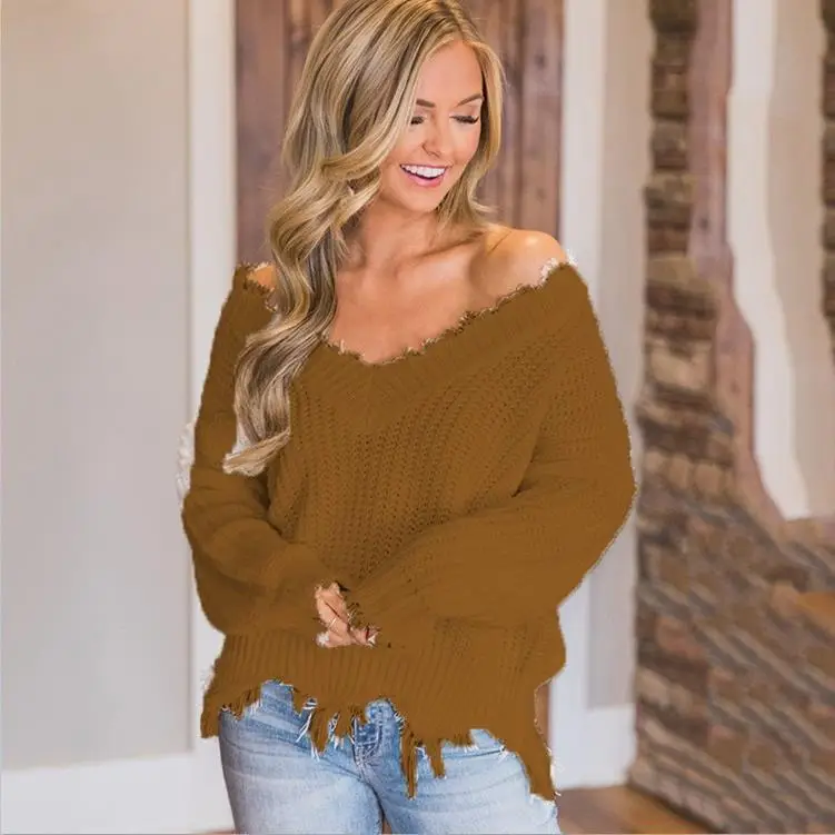 Women Thick Knitted Sweater with Tassels Olive Green