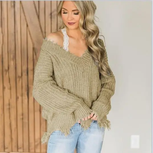 Women Thick Knitted Sweater with Tassels Olive Green