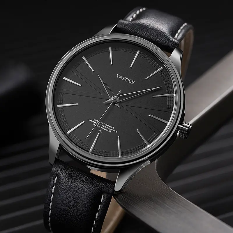 Men's Black Leather Strap Quartz Watch with Simple Dial - Image 6