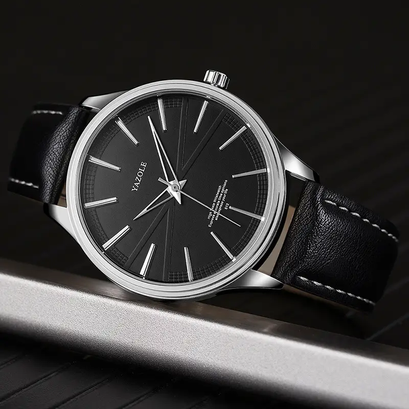Men's Black Leather Strap Quartz Watch with Simple Dial - Image 8