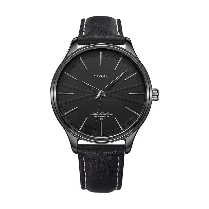 Men's Black Leather Strap Quartz Watch with Simple Dial - Image 4