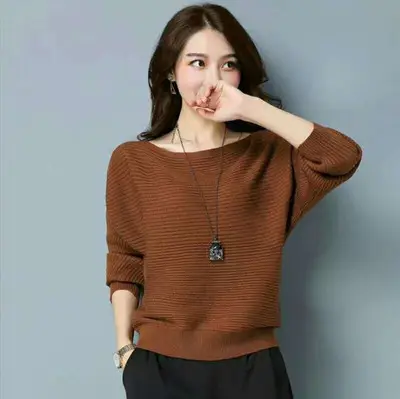Women's Brown Knit Pullover with Bat Sleeves - Image 10