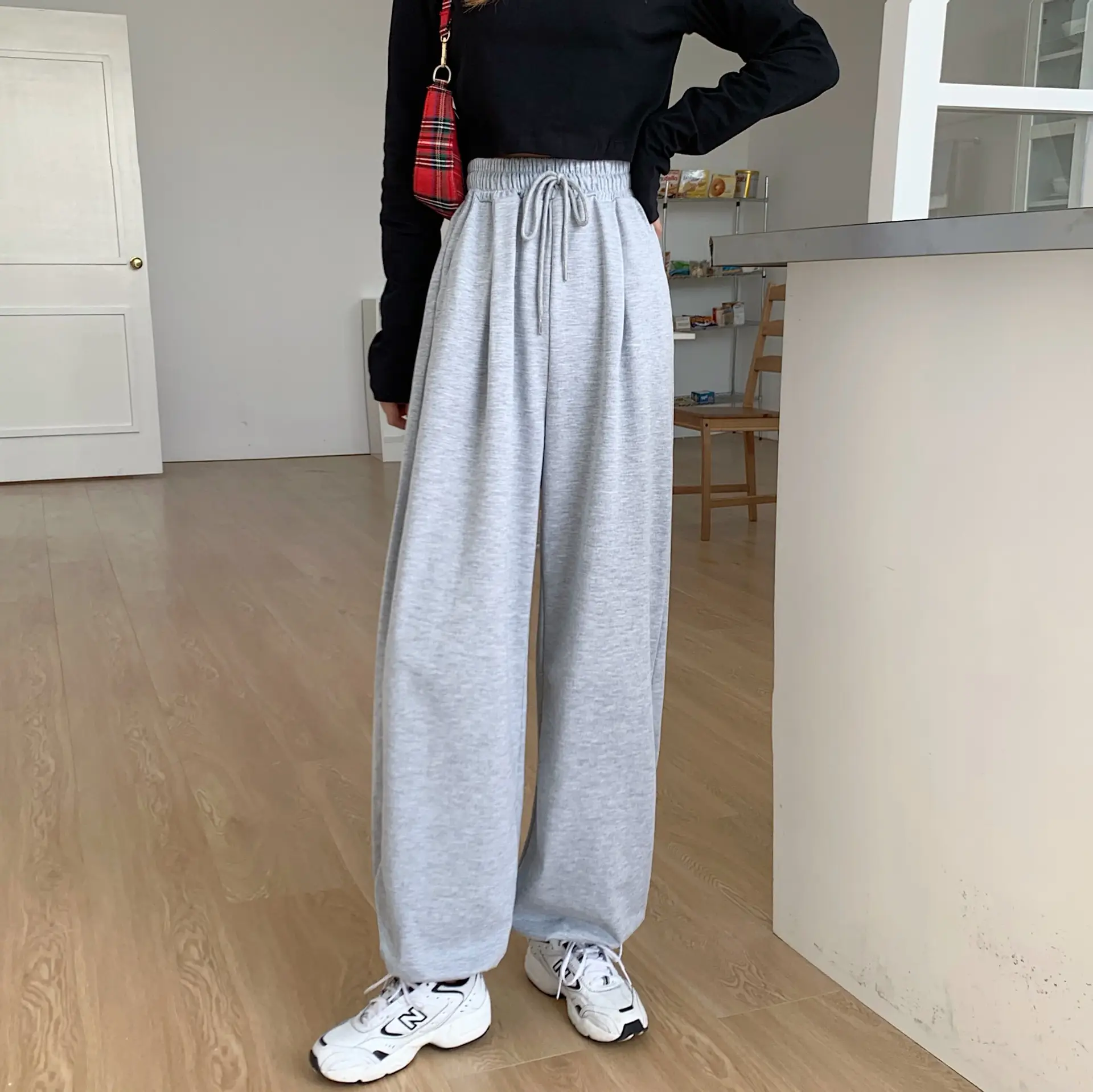 Women Grey Wide Leg Pants High Waist Casual Spring Autumn - Image 5