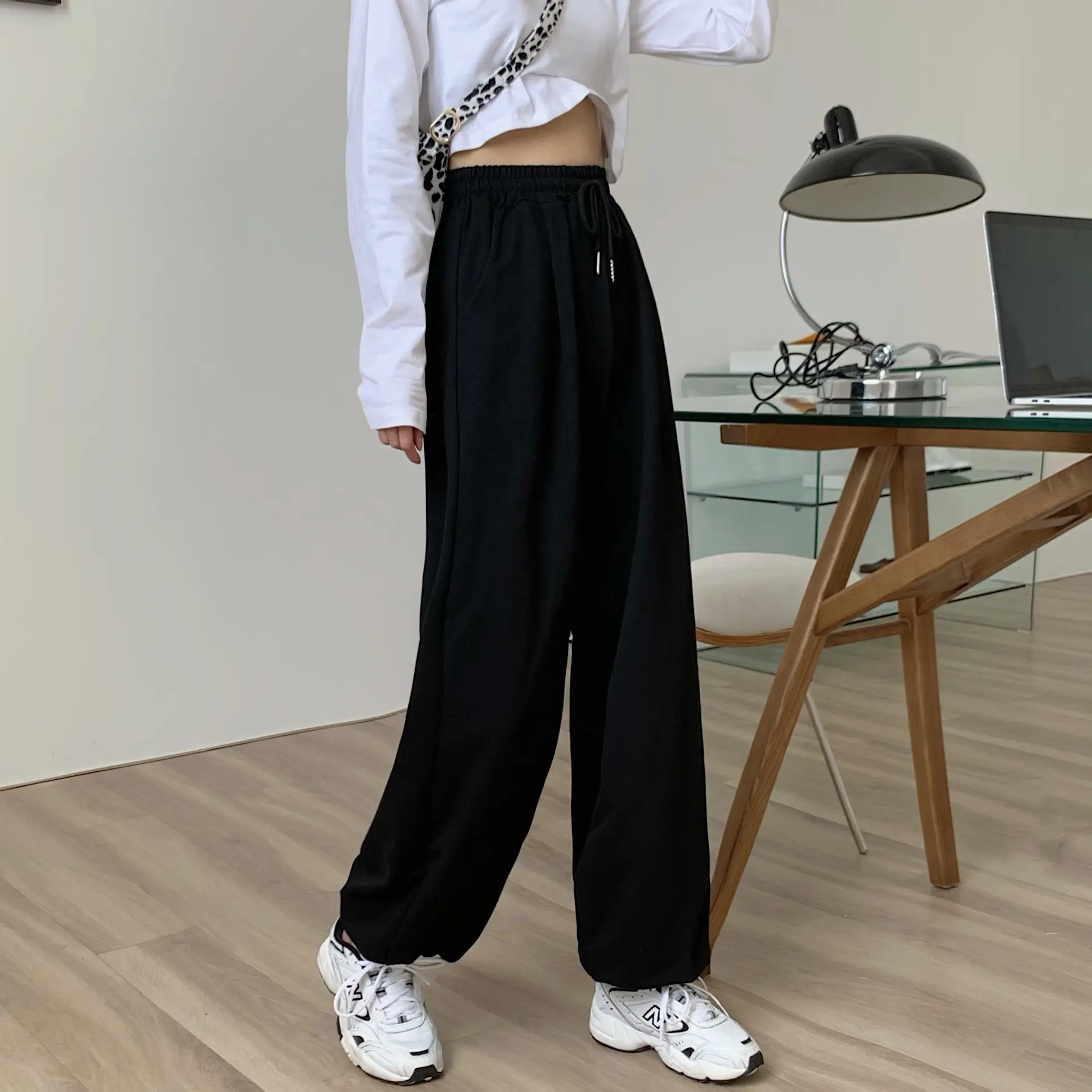 Women Grey Wide Leg Pants High Waist Casual Spring Autumn - Image 2