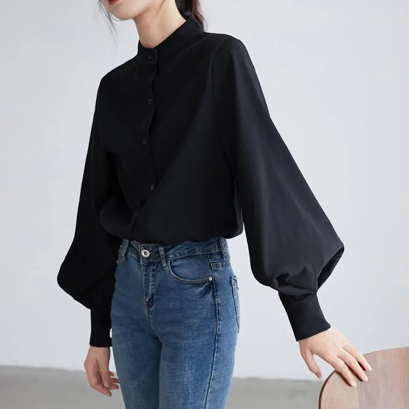 Women's White Black Collar Shirt with Lantern Sleeves - Image 5