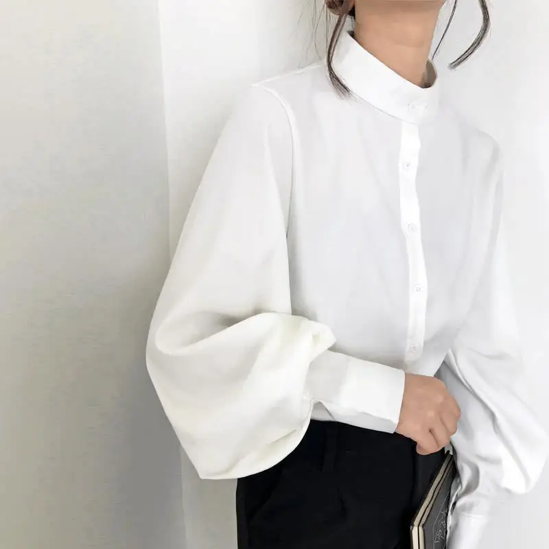 Women's White Black Collar Shirt with Lantern Sleeves - Image 8