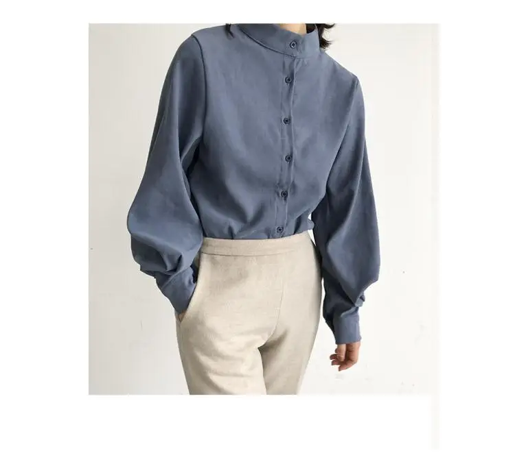 Women's White Black Collar Shirt with Lantern Sleeves — feature 10