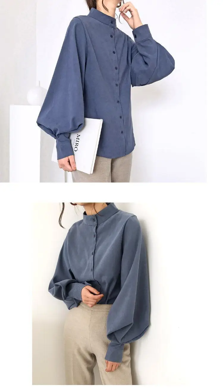 Women's White Black Collar Shirt with Lantern Sleeves — feature 11