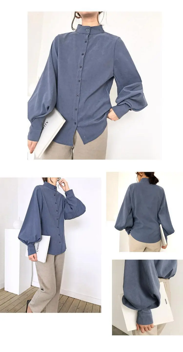 Women's White Black Collar Shirt with Lantern Sleeves — feature 12