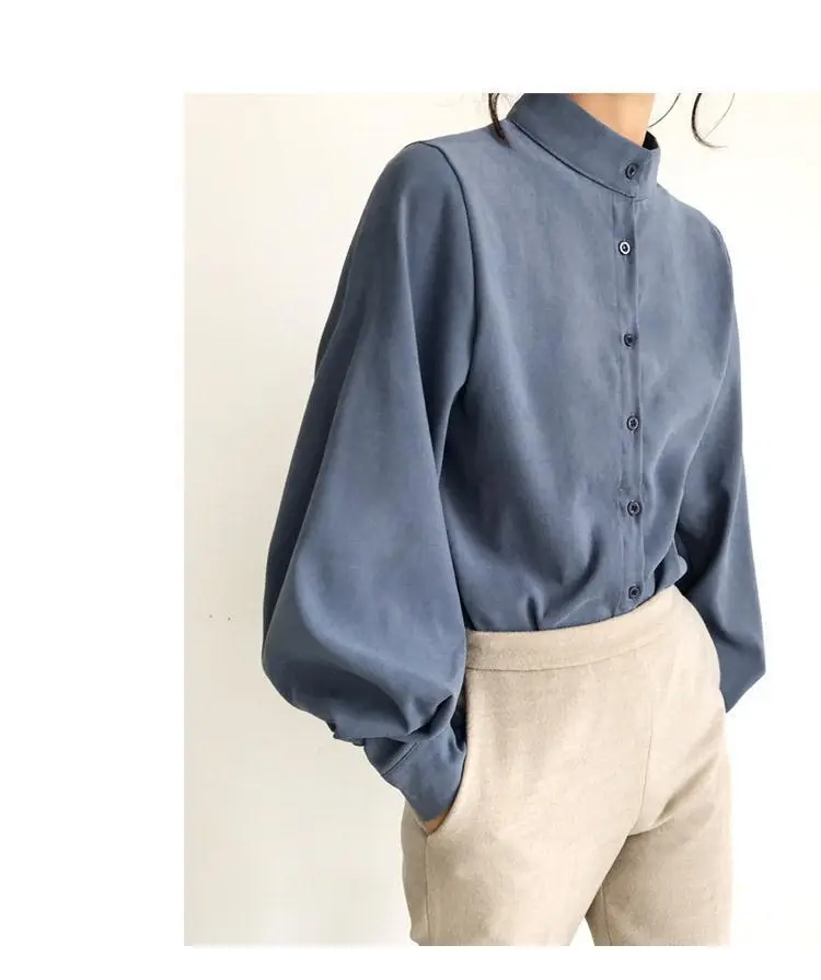 Women's White Black Collar Shirt with Lantern Sleeves — feature 13