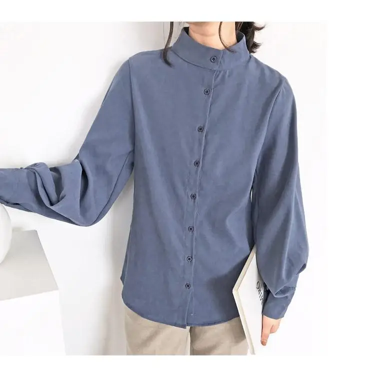 Women's White Black Collar Shirt with Lantern Sleeves — feature 14