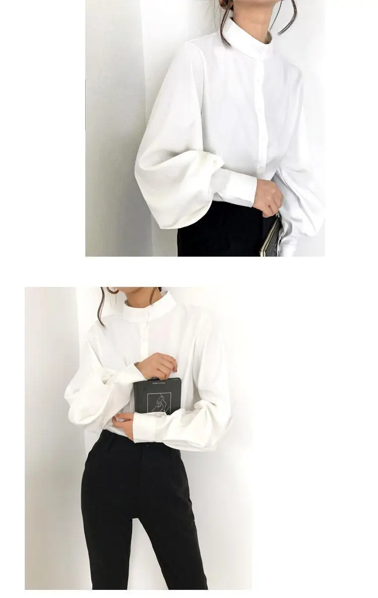 Women's White Black Collar Shirt with Lantern Sleeves — feature 15