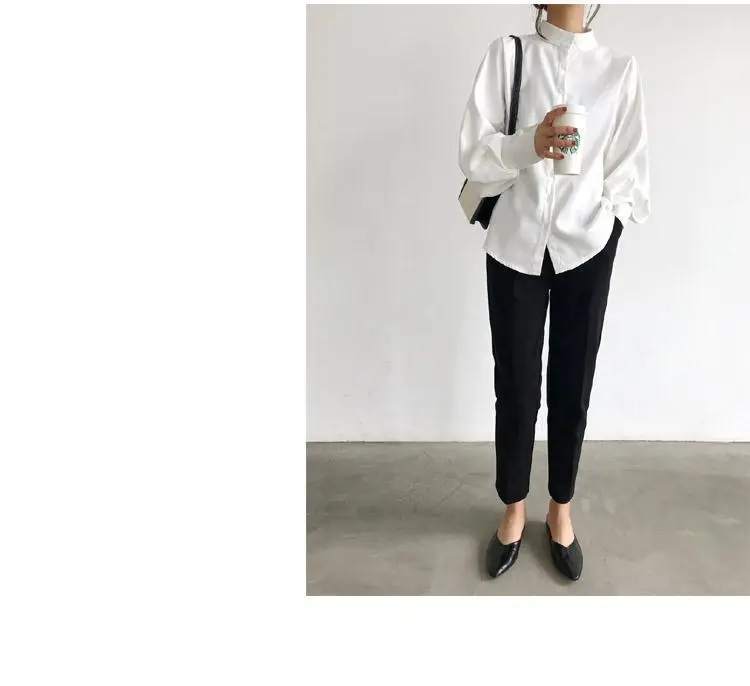 Women's White Black Collar Shirt with Lantern Sleeves — feature 18