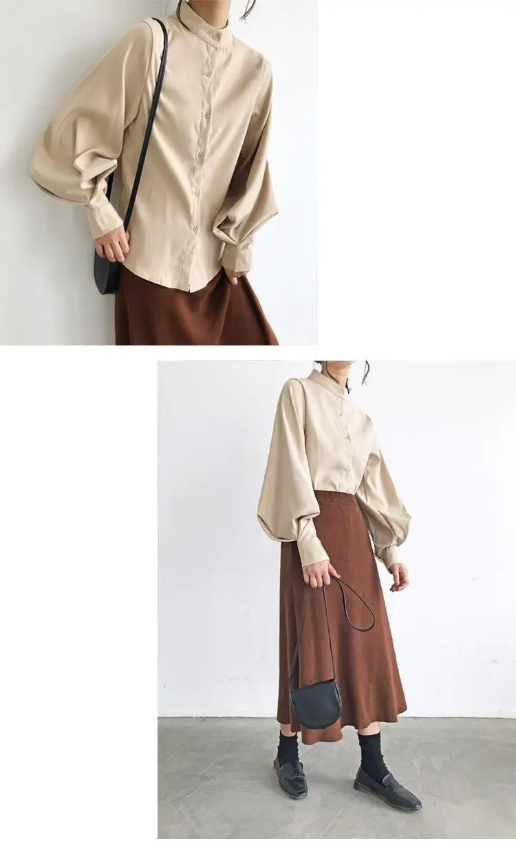 Women's White Black Collar Shirt with Lantern Sleeves — feature 19