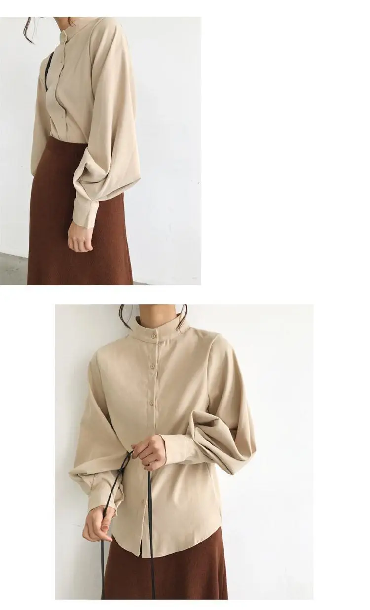 Women's White Black Collar Shirt with Lantern Sleeves — feature 20