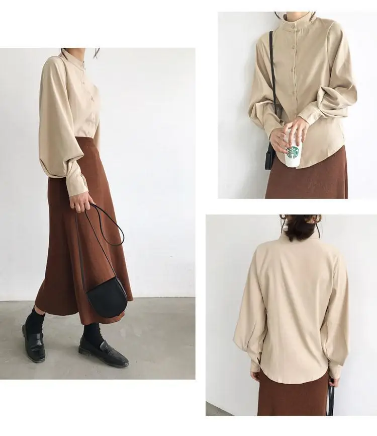 Women's White Black Collar Shirt with Lantern Sleeves — feature 21