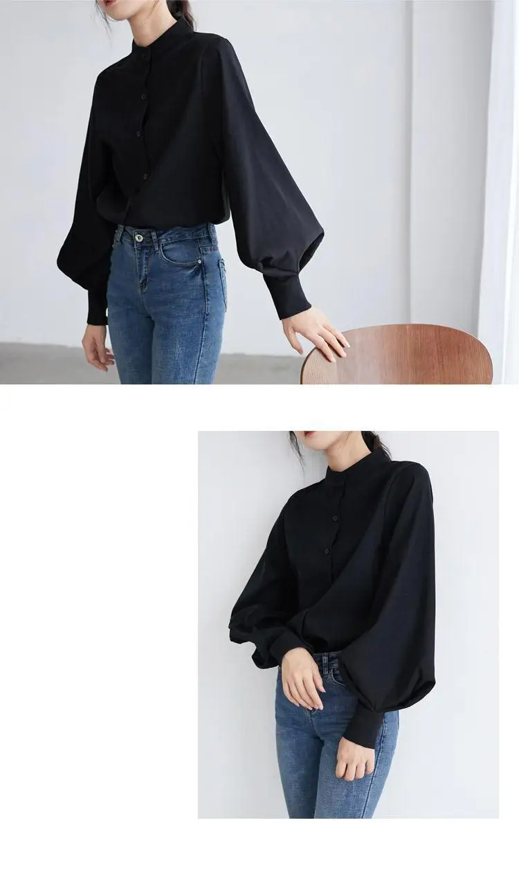 Women's White Black Collar Shirt with Lantern Sleeves — feature 3