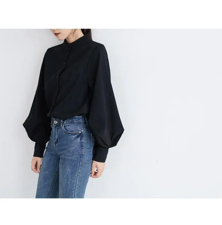 Women's White Black Collar Shirt with Lantern Sleeves — feature 4
