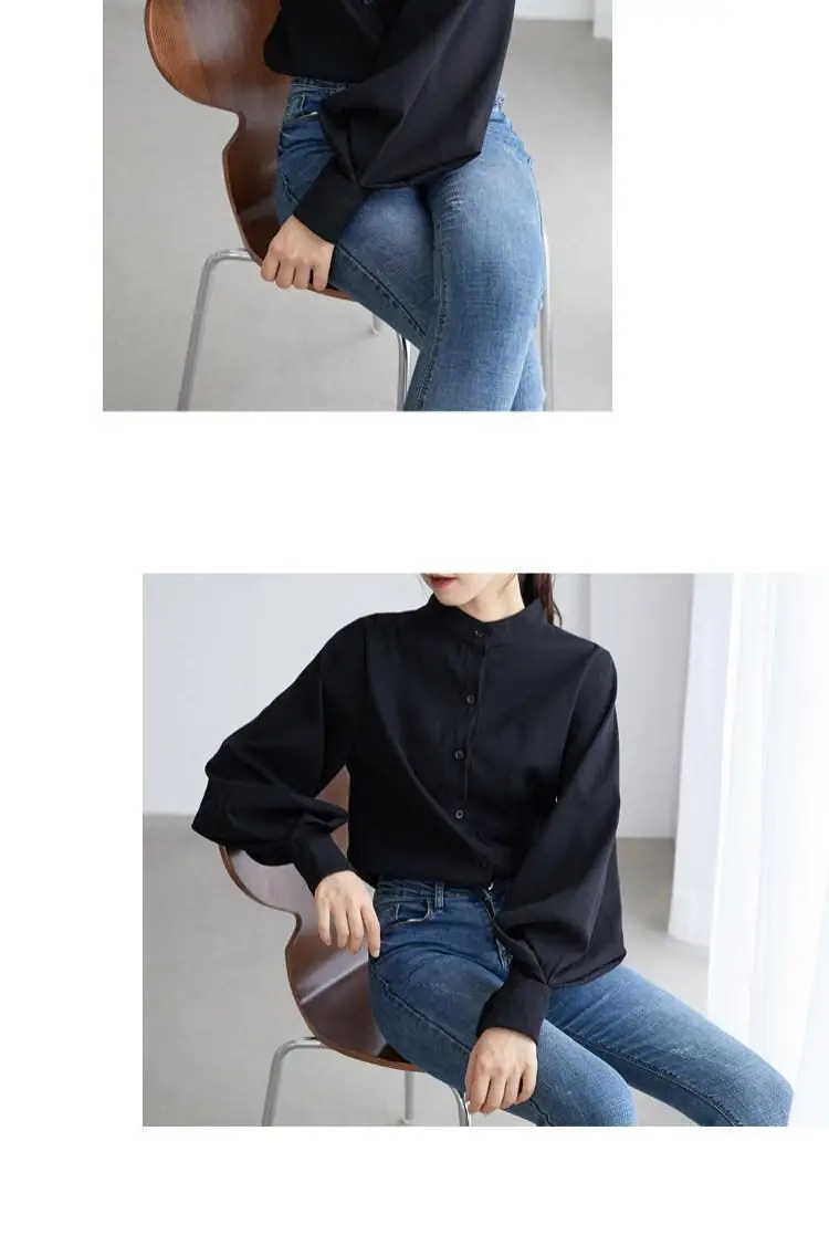 Women's White Black Collar Shirt with Lantern Sleeves — feature 8