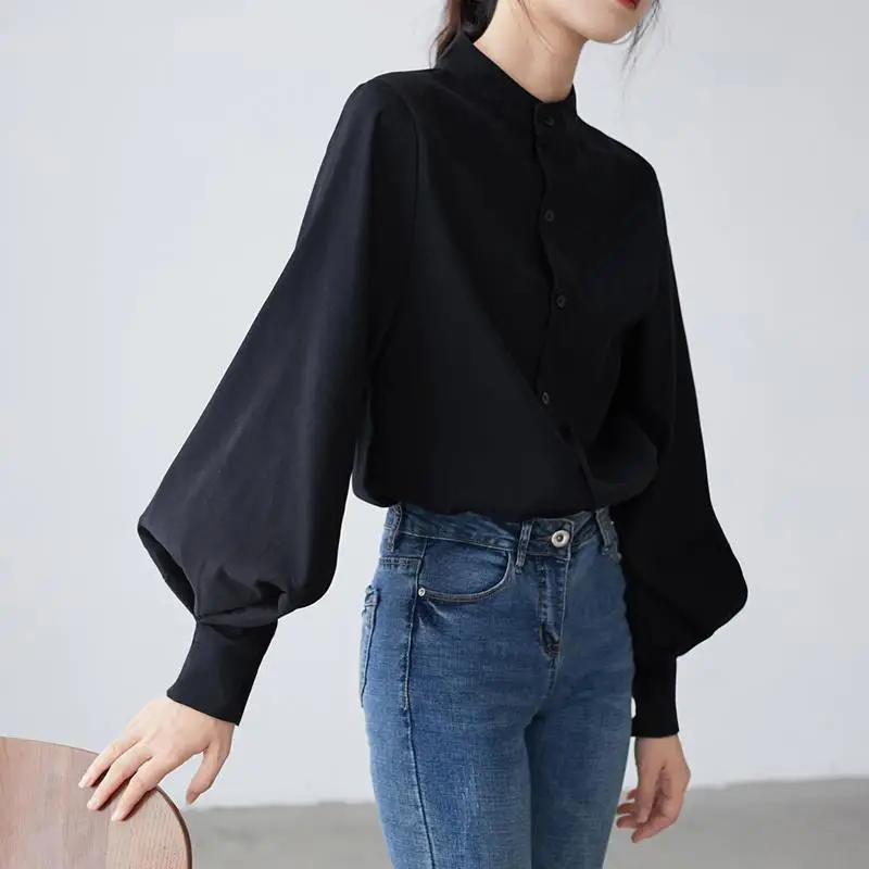 Women's White Black Collar Shirt with Lantern Sleeves - Image 3