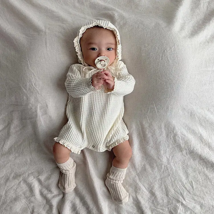 New Waffle Baby Jumpsuit with Lace Cap Korean Style - Image 6