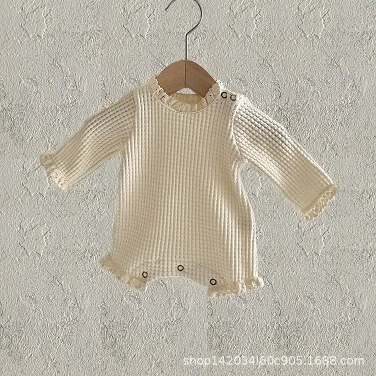 New Waffle Baby Jumpsuit with Lace Cap Korean Style - Image 2