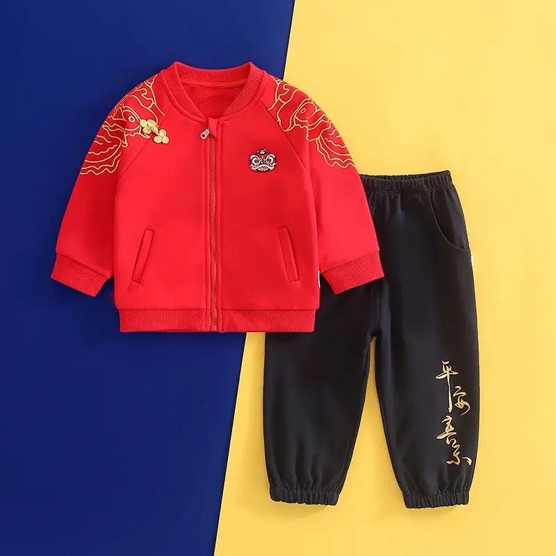 Red Embroidered Zipper Top Pants Set for Kids 1 Year Old - Image 8