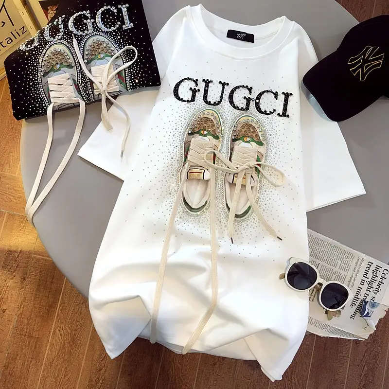 Women's White Gucci Printed T-Shirt Large Mid-Length