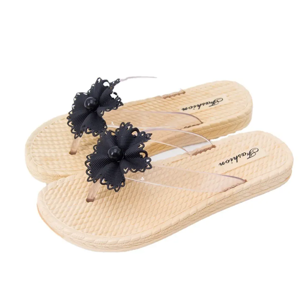 Women's Black Lace Floral Flip Flops Summer Beach Shoes