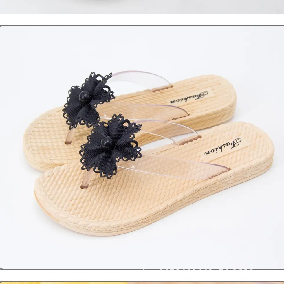 Women's Black Lace Floral Flip Flops Summer Beach Shoes