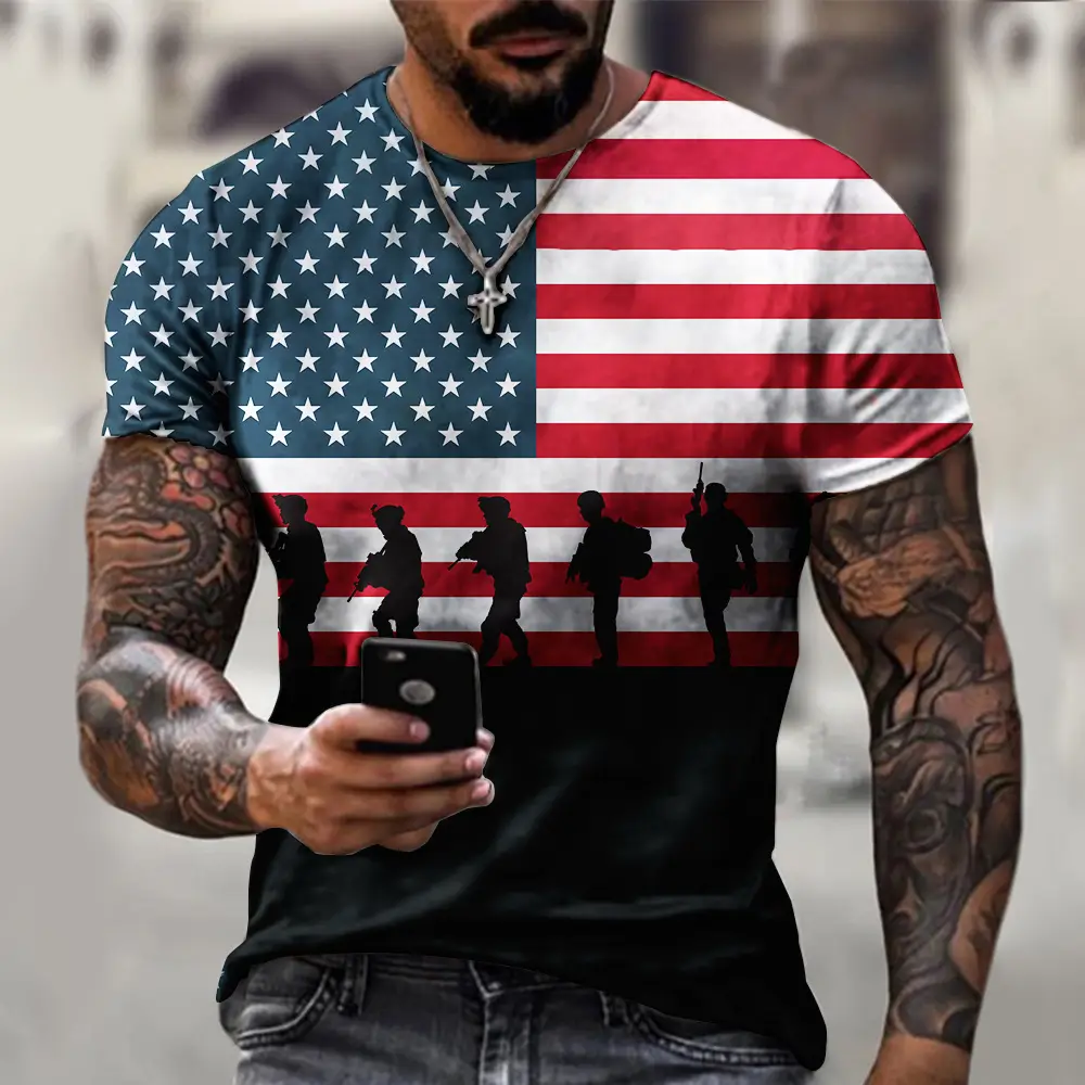 Men 3D American Flag Eagle Print T-Shirt