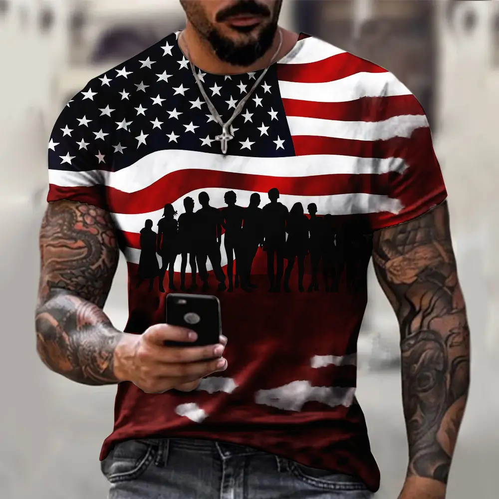 Men 3D American Flag Eagle Print T-Shirt