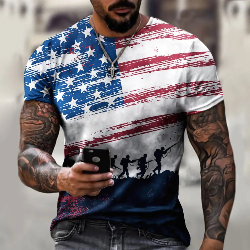 Men 3D American Flag Eagle Print T-Shirt