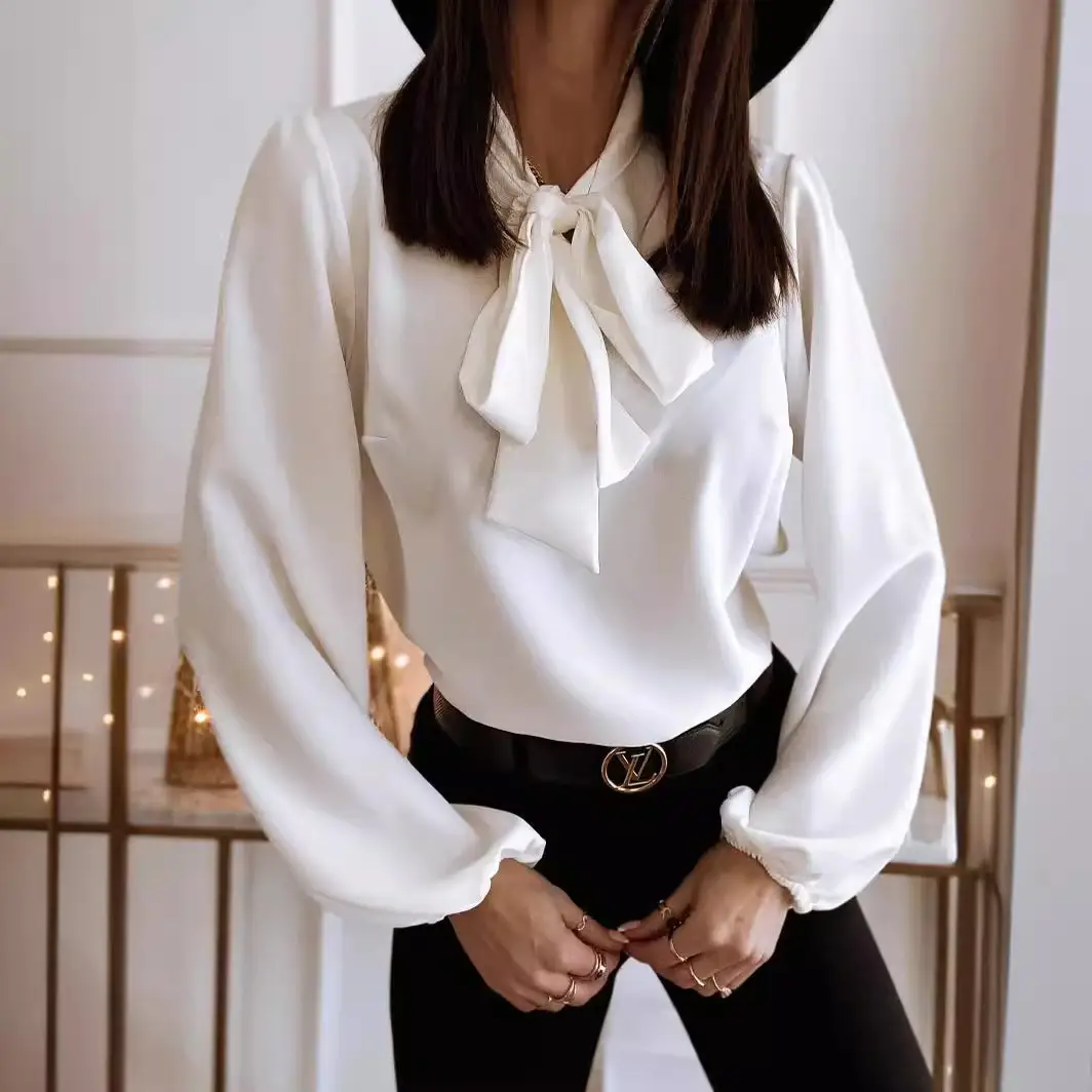 White Long Sleeve Tie Neck Shirt for Women - Image 6