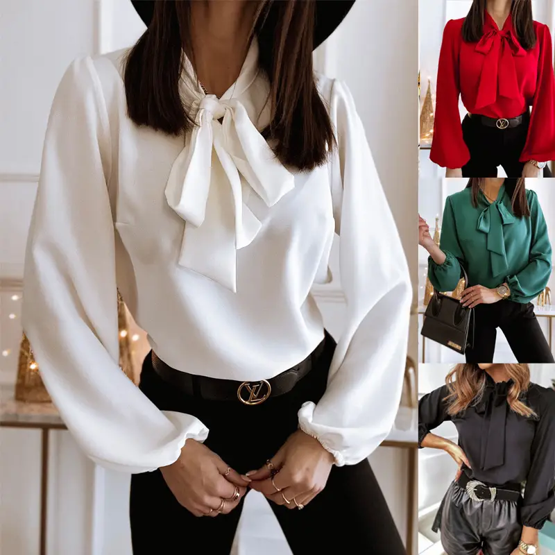 White Long Sleeve Tie Neck Shirt for Women - Image 7