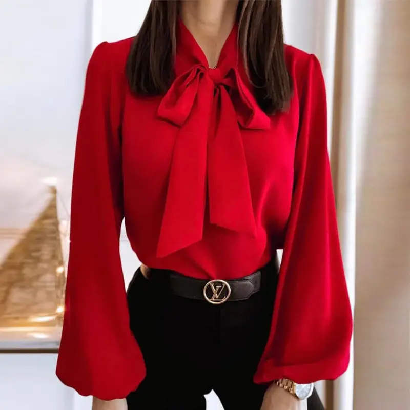 White Long Sleeve Tie Neck Shirt for Women - Image 8
