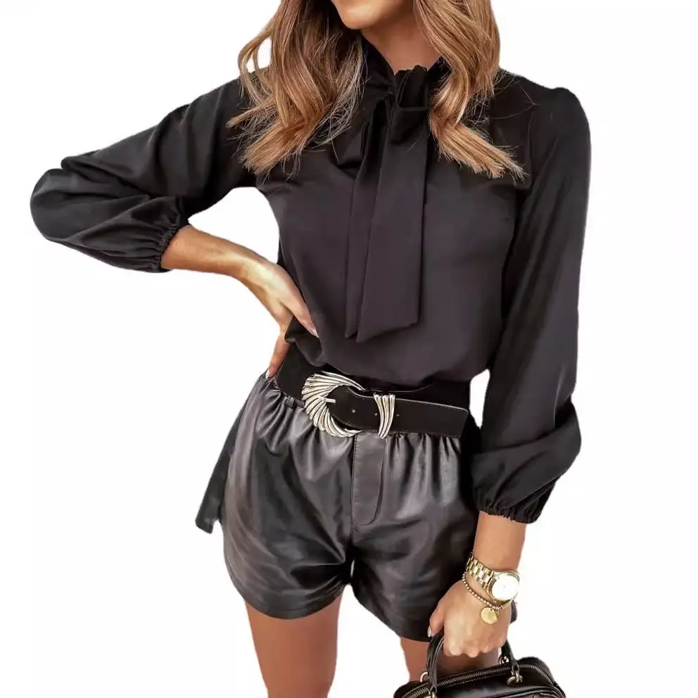 White Long Sleeve Tie Neck Shirt for Women - Image 9