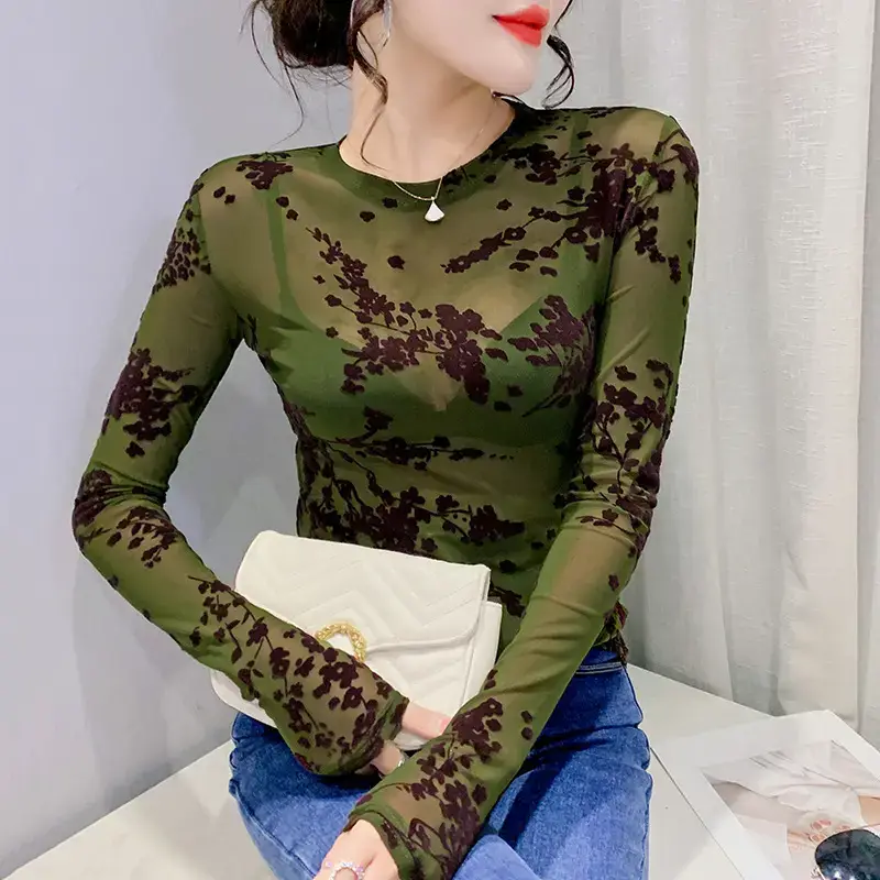 2022 Spring Long Sleeve Mesh Flocking Top Brown Beige - Image 3