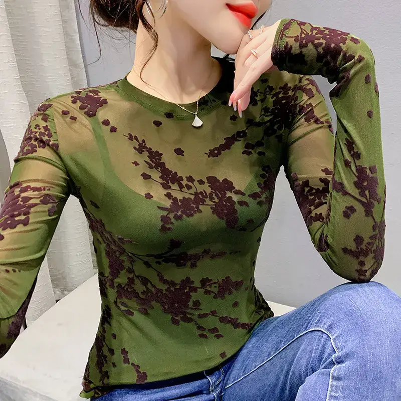 2022 Spring Long Sleeve Mesh Flocking Top Brown Beige - Image 4