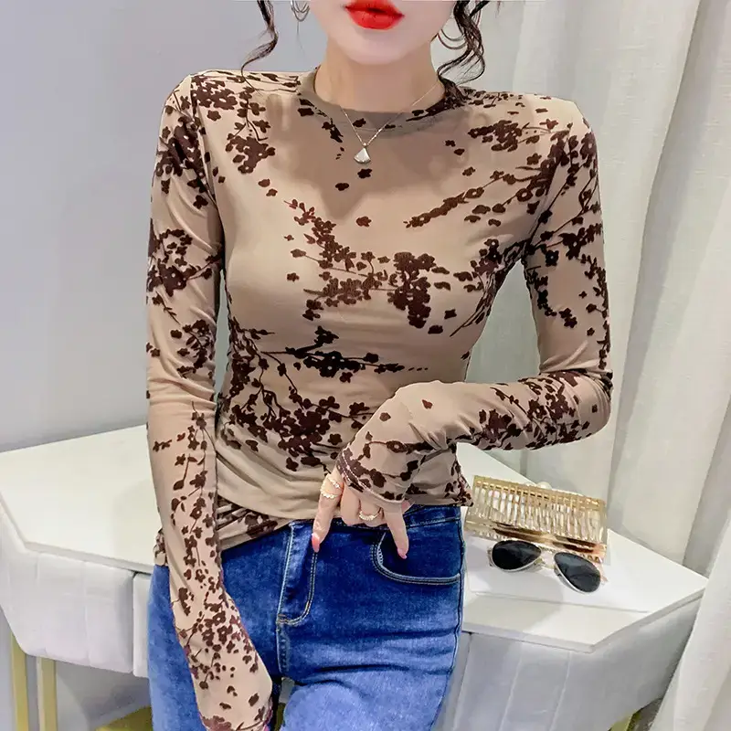 2022 Spring Long Sleeve Mesh Flocking Top Brown Beige - Image 6