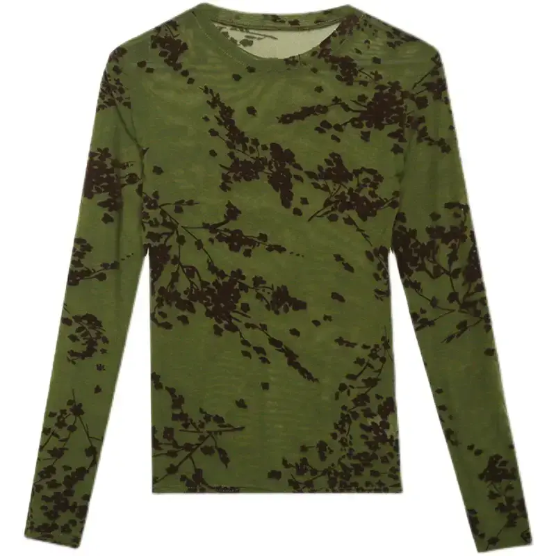 2022 Spring Long Sleeve Mesh Flocking Top Brown Beige - Image 7