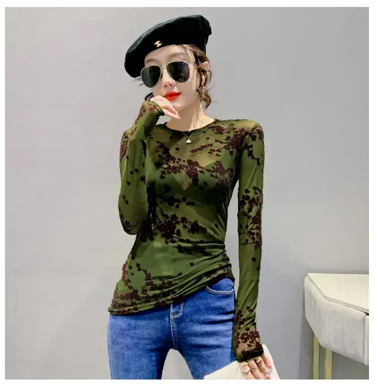 2022 Spring Long Sleeve Mesh Flocking Top Brown Beige — feature 10